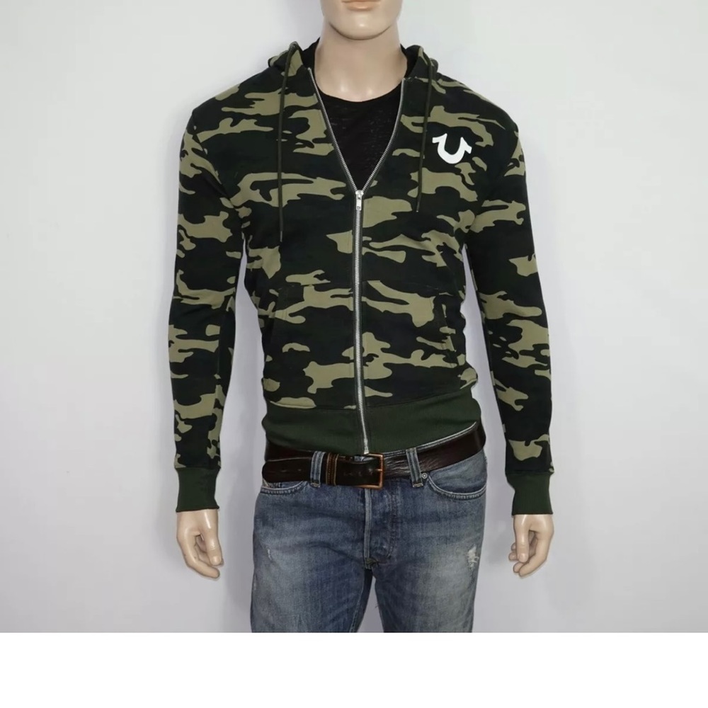 True Religion Zip Hoodie in Green Camo Size Small 88% Cotton
